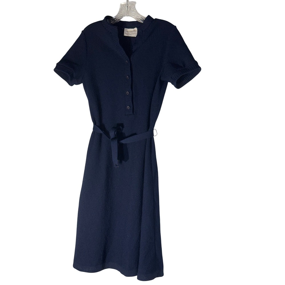 Vintage Leslie Fay for Lord & Taylor Navy Blue Textured Knit Midi Dress V Neck